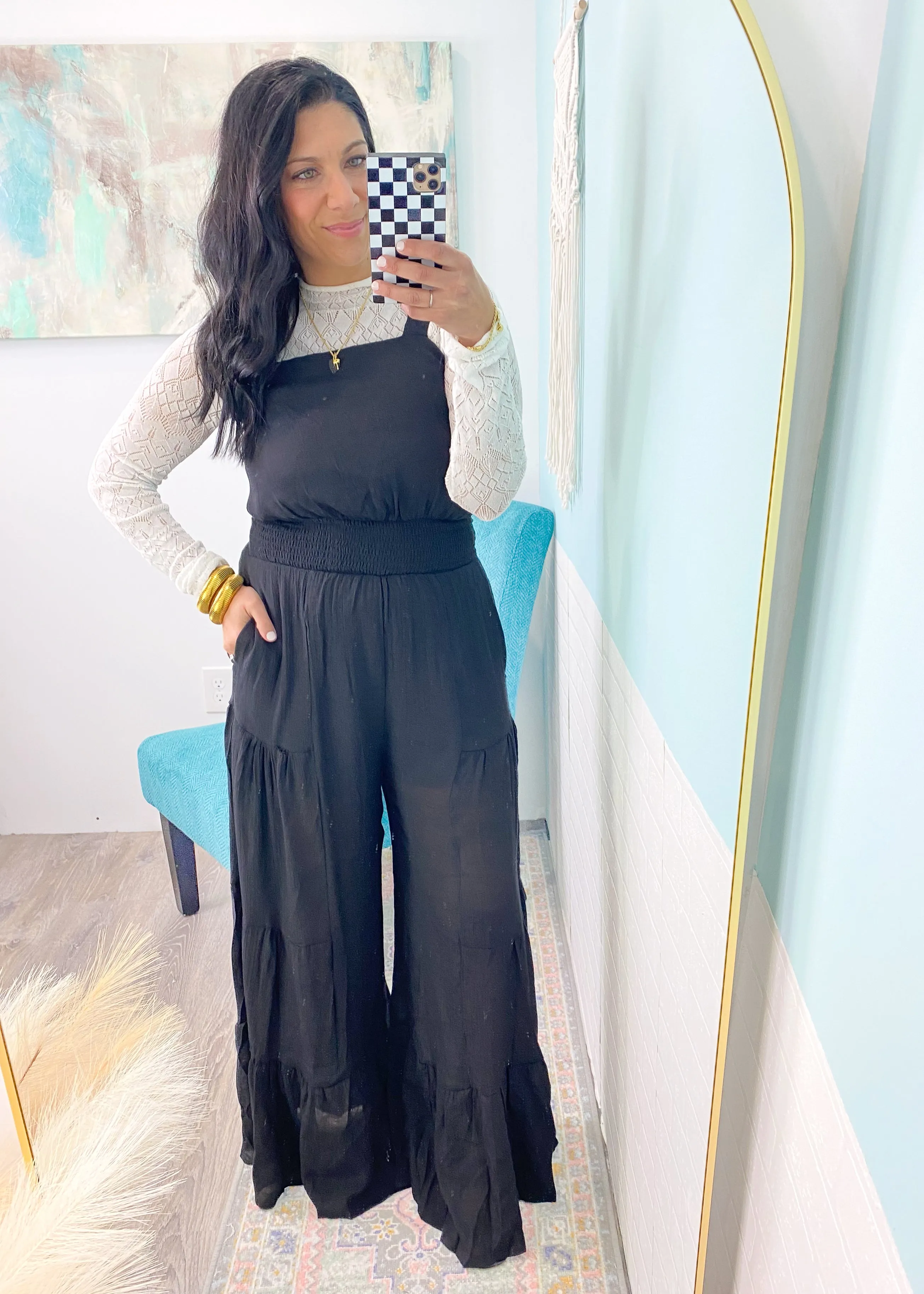 'Alayna' Black Super Wide Leg Ruffle Jumpsuit