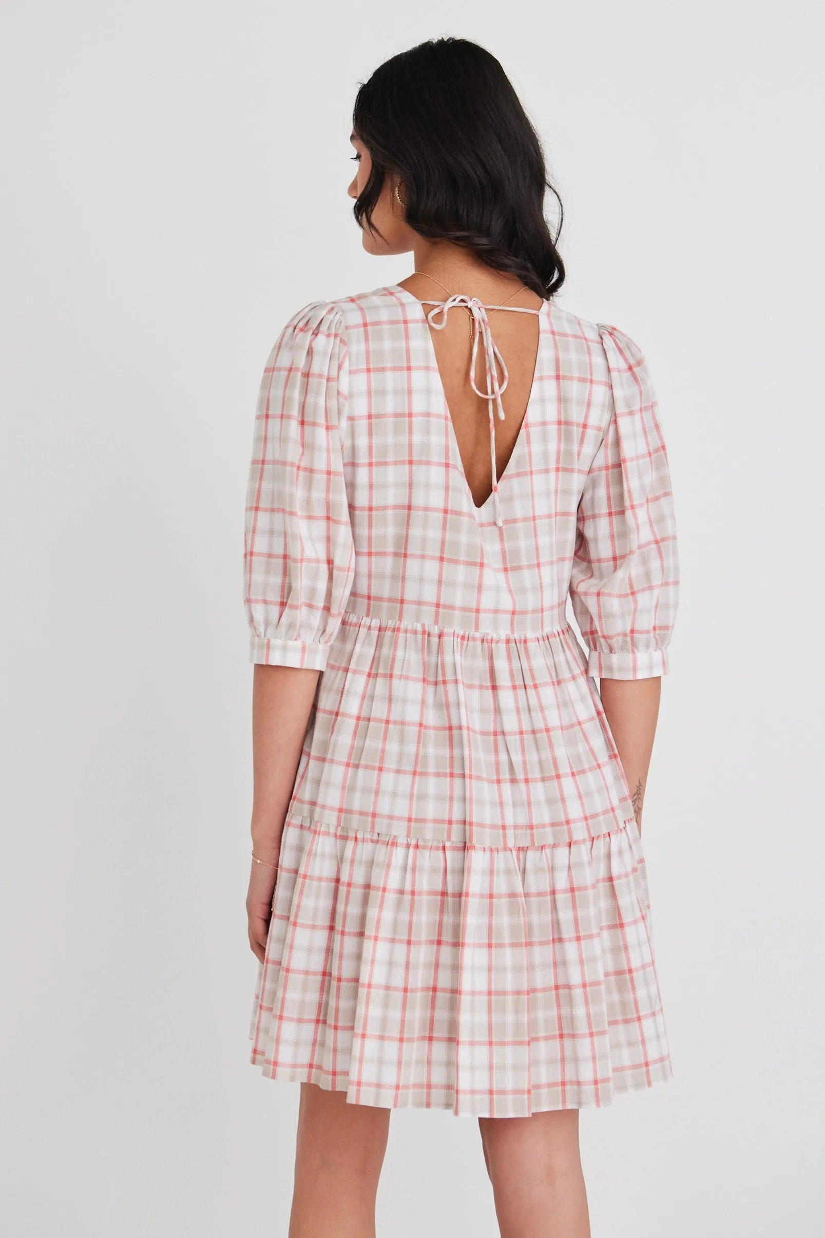 Anytime Pink Picnic Check Ss Tiered Mini Dress