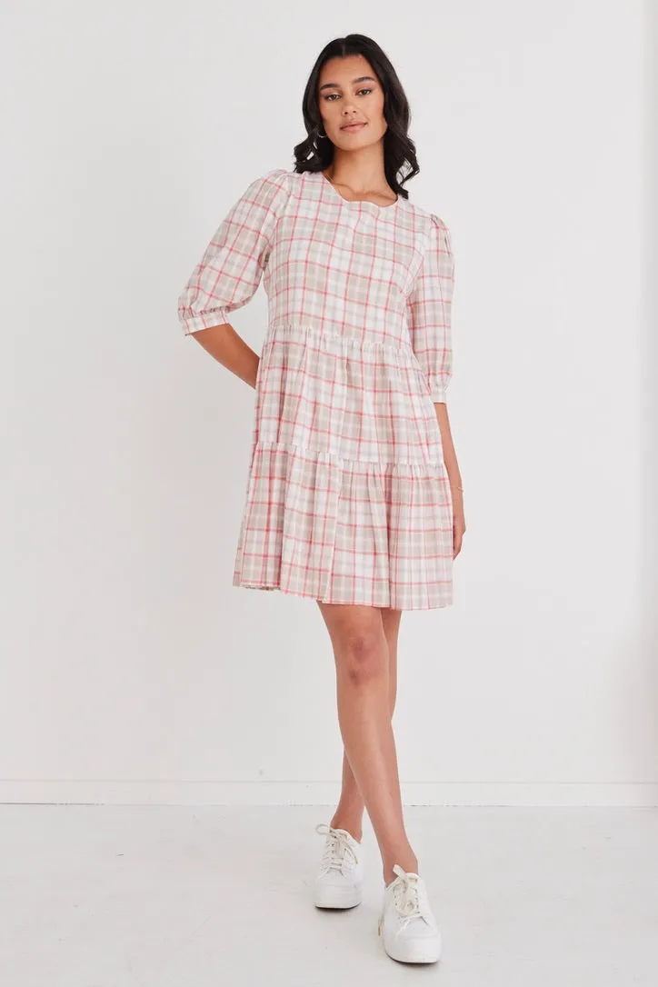 Anytime Pink Picnic Check Ss Tiered Mini Dress