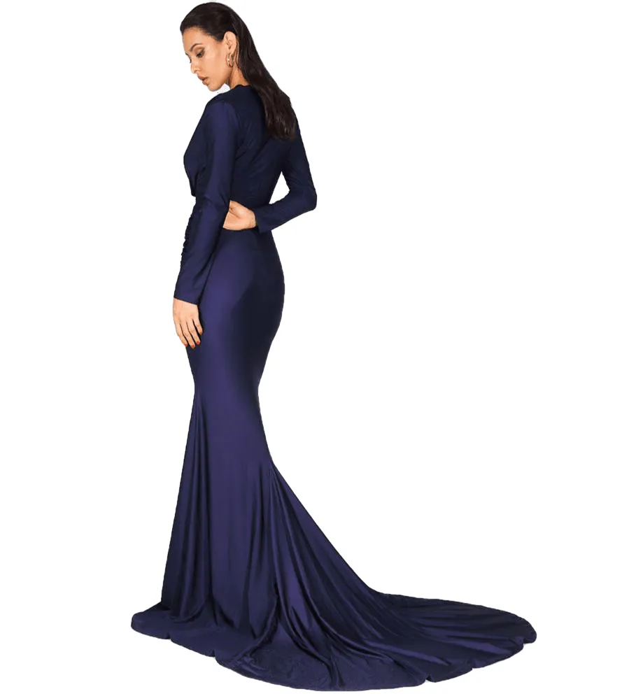 Autumn Sexy Navy Deep V-neck Slim Fit Stretch Fabric Long Dresses For Ladies