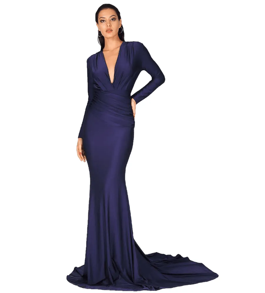 Autumn Sexy Navy Deep V-neck Slim Fit Stretch Fabric Long Dresses For Ladies