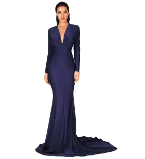 Autumn Sexy Navy Deep V-neck Slim Fit Stretch Fabric Long Dresses For Ladies