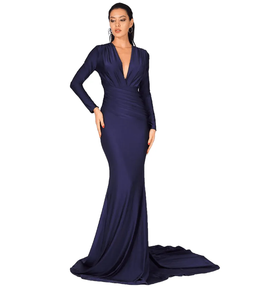 Autumn Sexy Navy Deep V-neck Slim Fit Stretch Fabric Long Dresses For Ladies