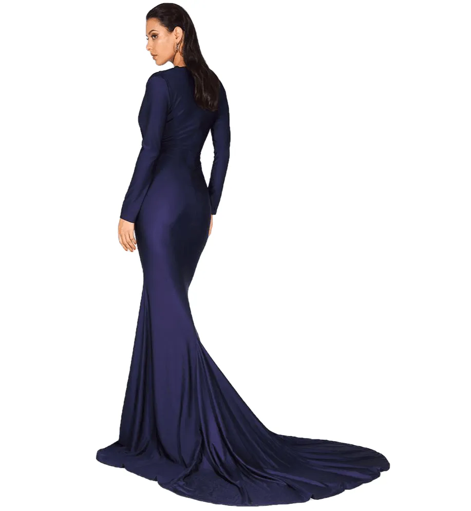 Autumn Sexy Navy Deep V-neck Slim Fit Stretch Fabric Long Dresses For Ladies