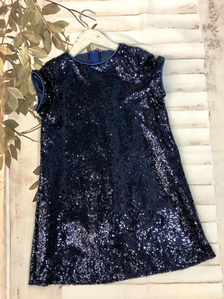 Big Girls Navy Sparkle Sequin Katy Short Sleeve Shift Party Dress 8-12