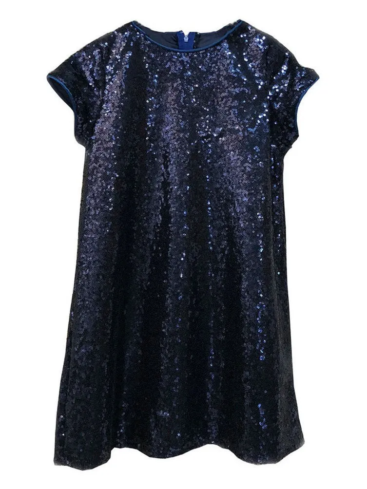 Big Girls Navy Sparkle Sequin Katy Short Sleeve Shift Party Dress 8-12