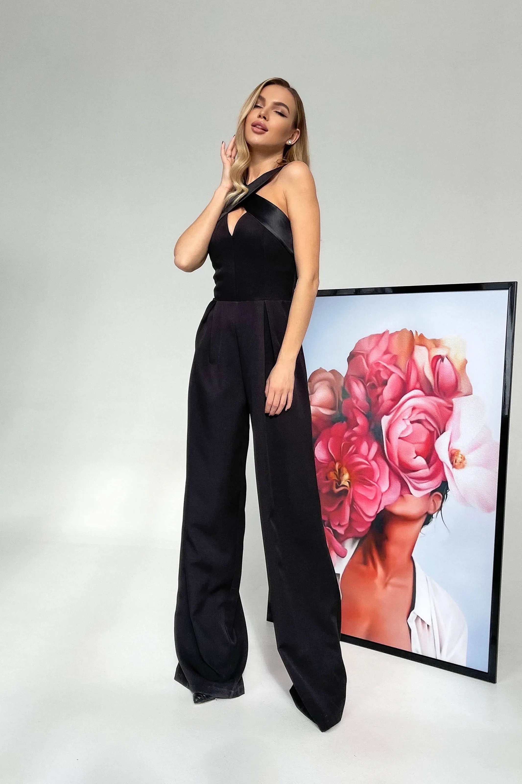 Black Cross-Neck Sleeveless Jumpsuit