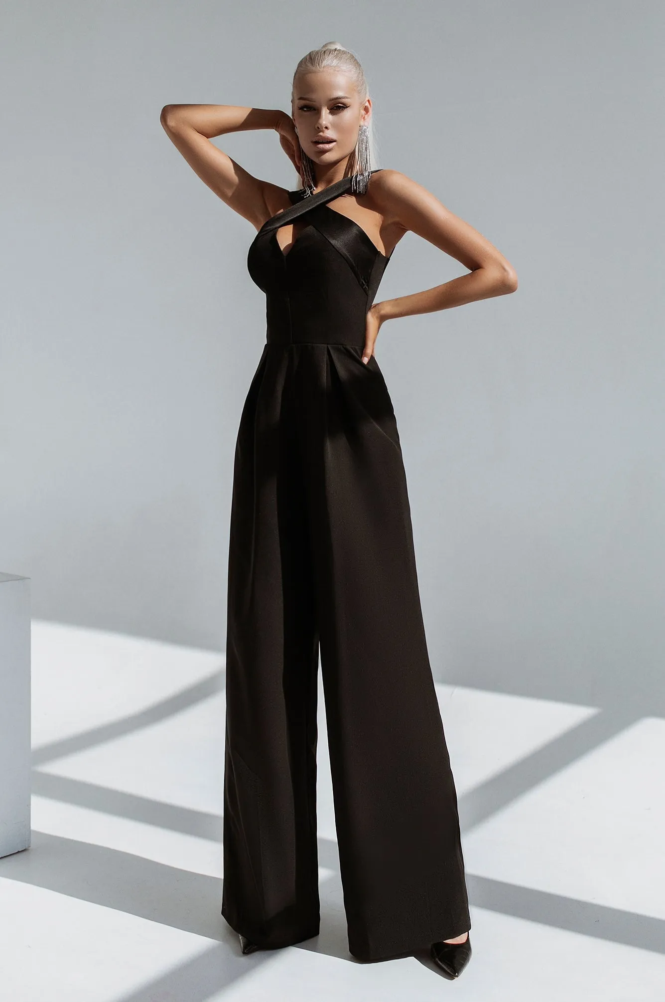 Black Cross-Neck Sleeveless Jumpsuit