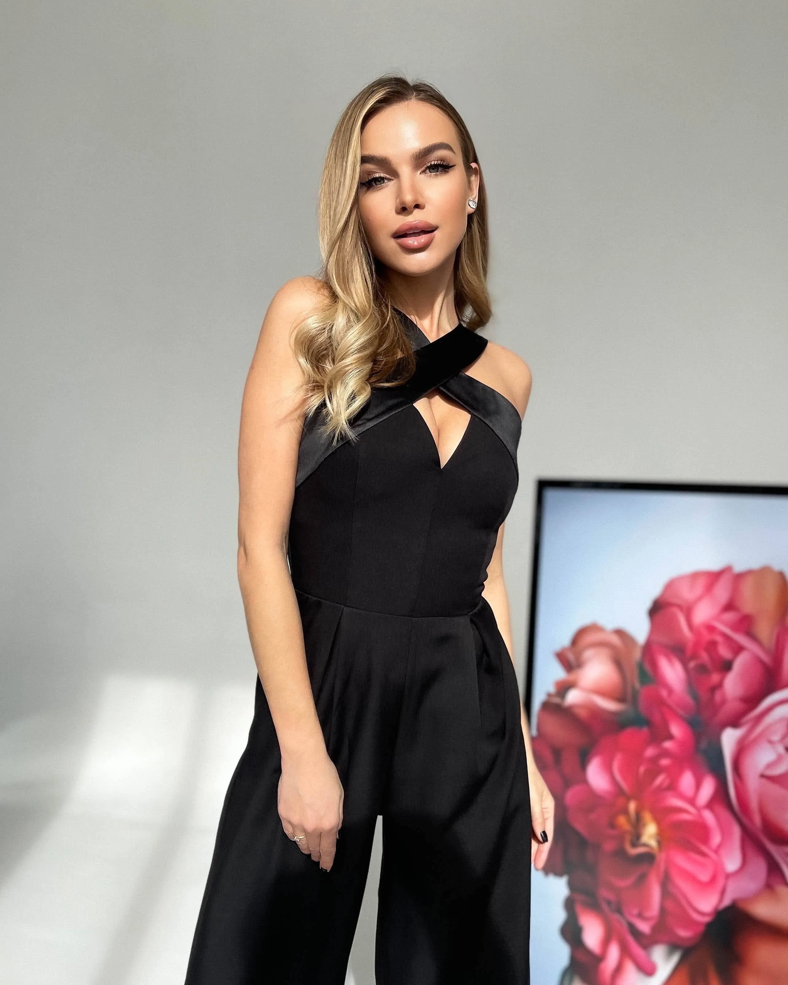 Black Cross-Neck Sleeveless Jumpsuit