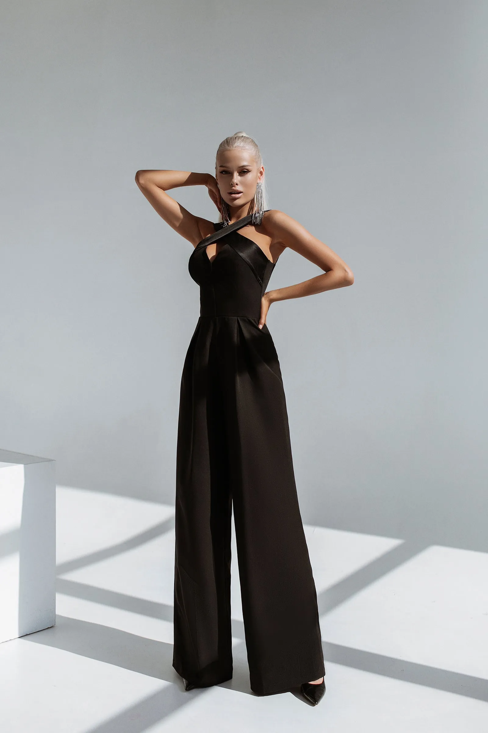 Black Cross-Neck Sleeveless Jumpsuit