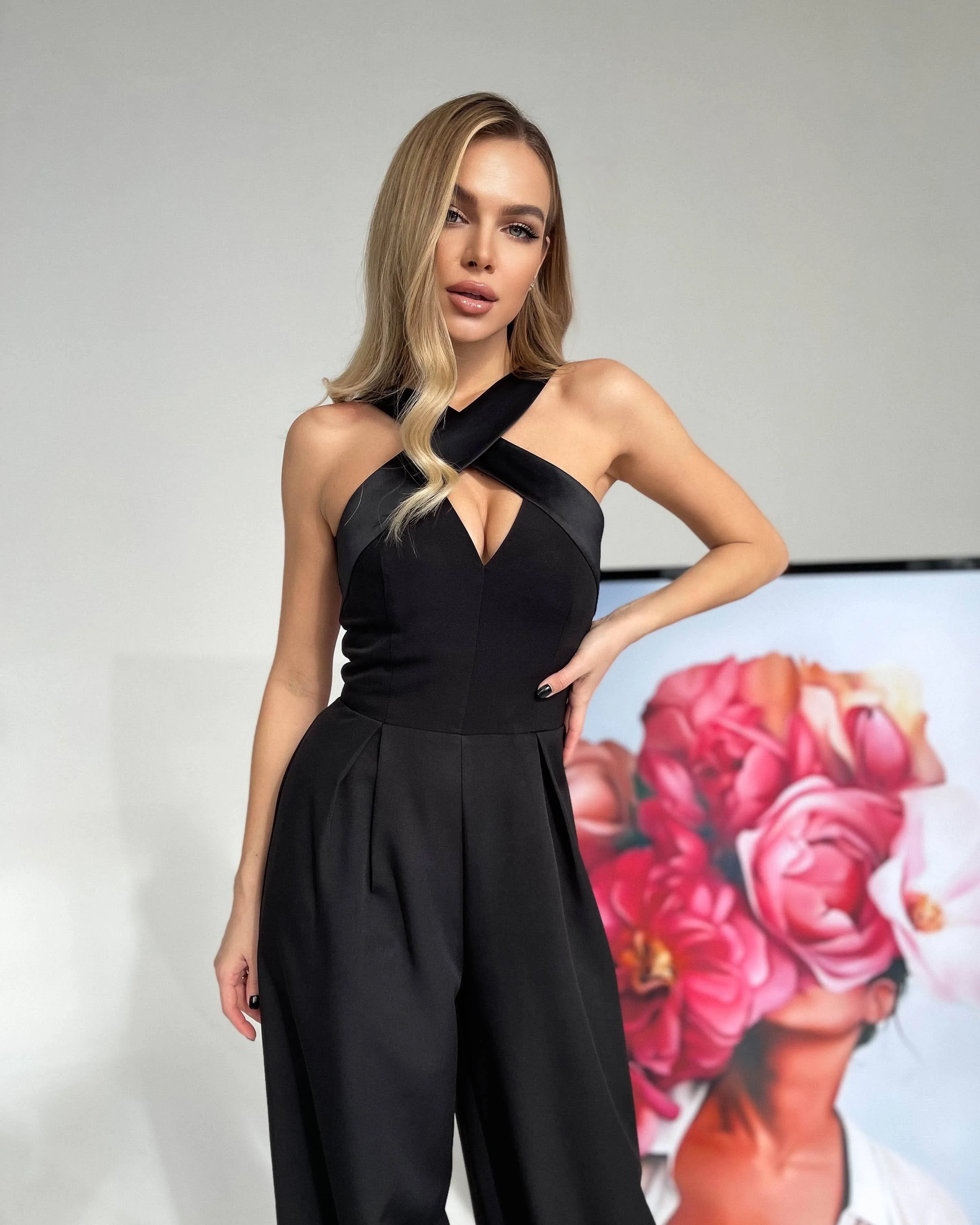 Black Cross-Neck Sleeveless Jumpsuit