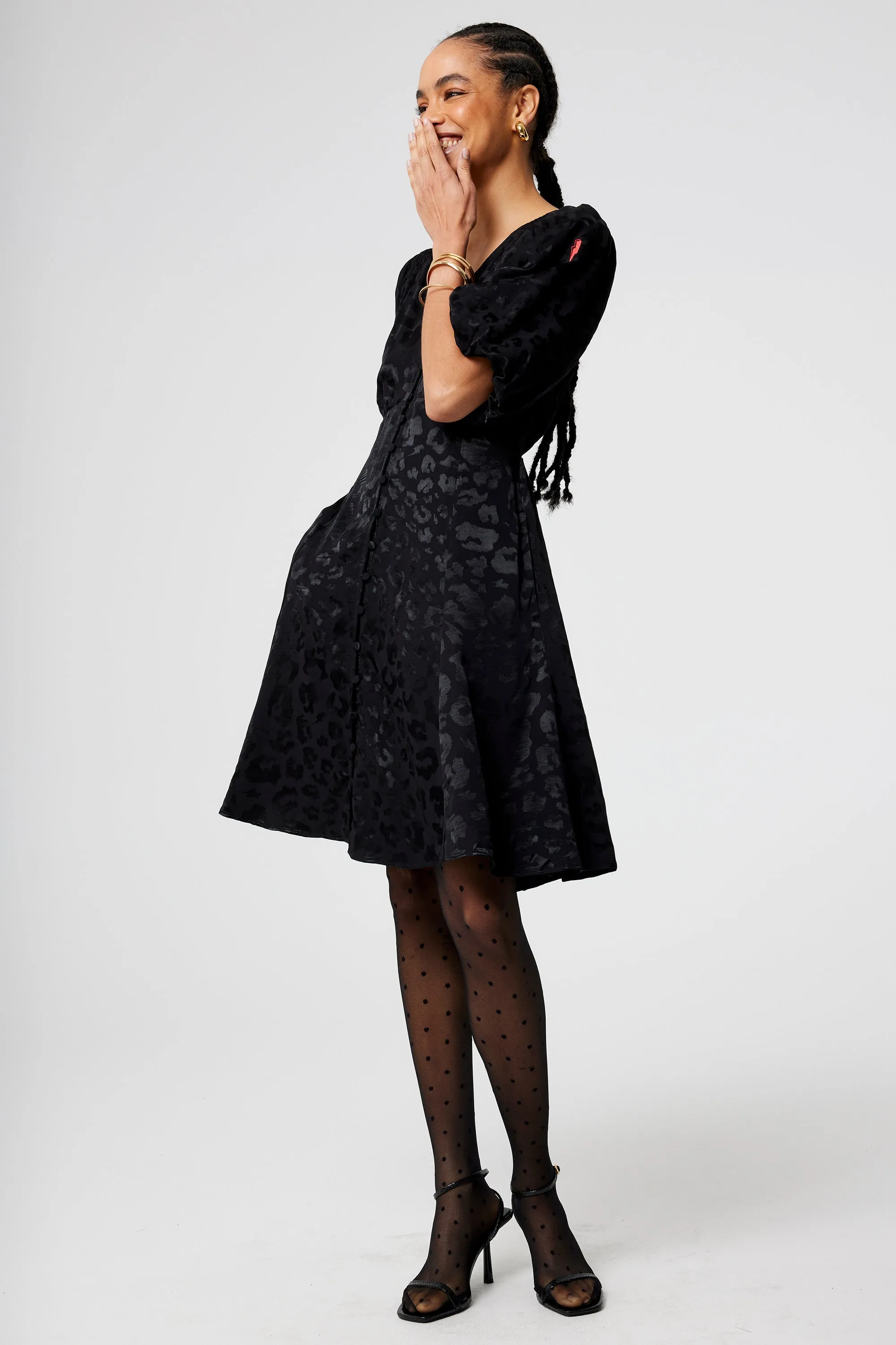 Black Jacquard Leopard Puff Sleeve Short Tea Dress