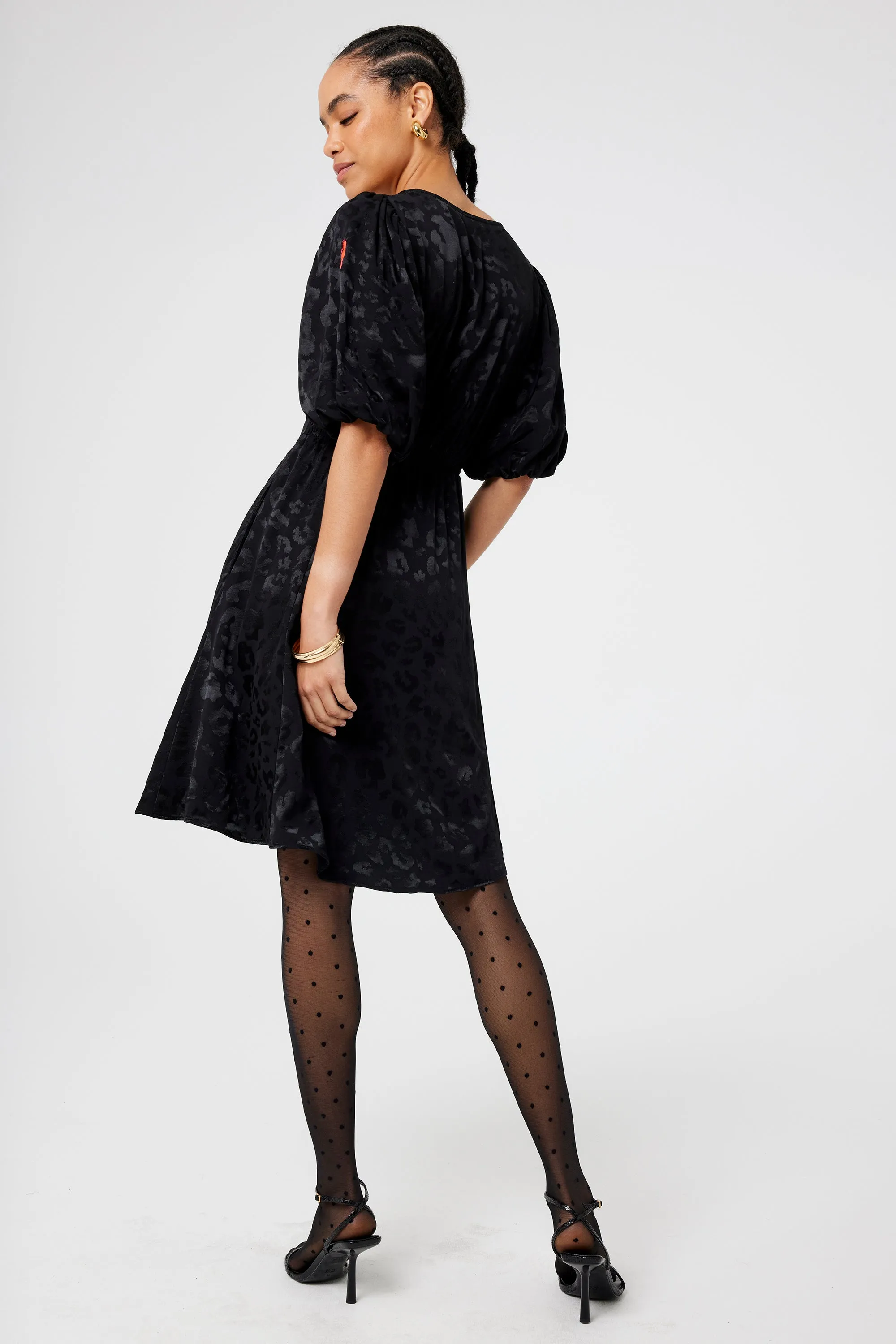 Black Jacquard Leopard Puff Sleeve Short Tea Dress