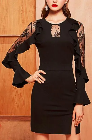 Black Lace-Panel Ruffle-Sleeve Bodycon Dress