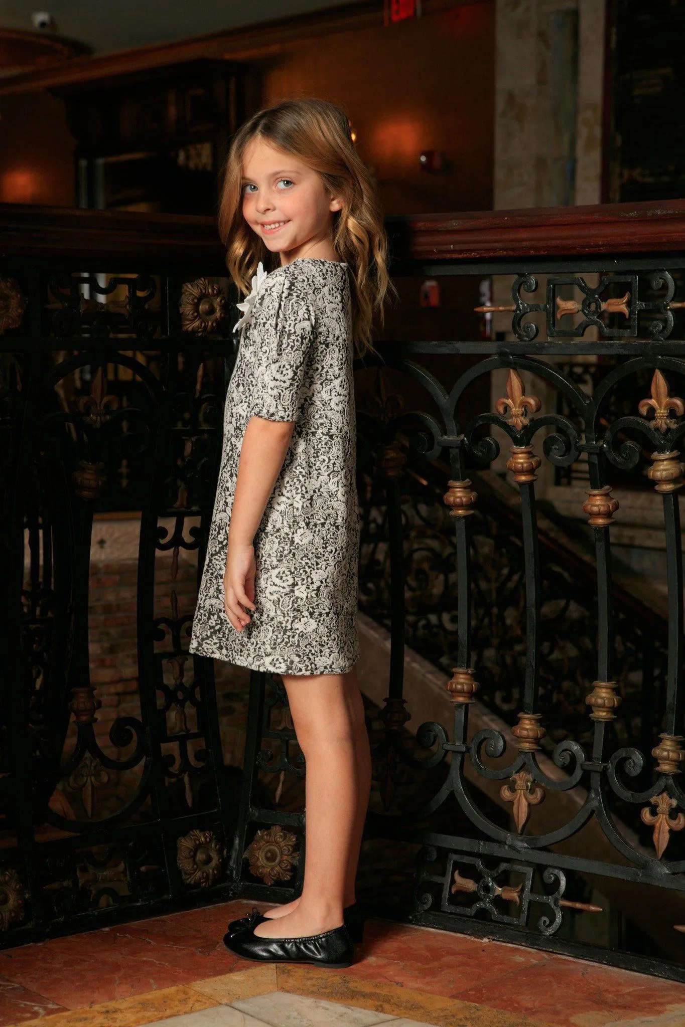 Black White Stretchy Elbow Sleeve Shift Cute Fall Dress - Girls