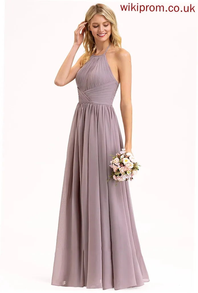 Bow(s) Fabric Neckline Ruffle Length Empire Silhouette Embellishment Floor-Length Halter Halle Natural Waist Bridesmaid Dresses