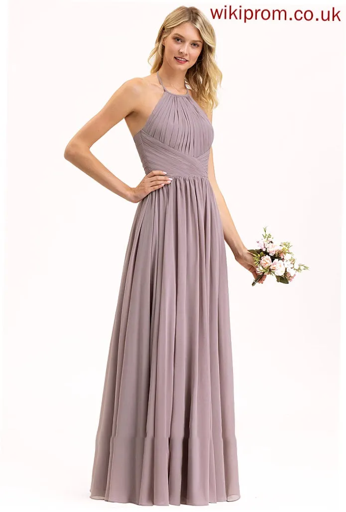 Bow(s) Fabric Neckline Ruffle Length Empire Silhouette Embellishment Floor-Length Halter Halle Natural Waist Bridesmaid Dresses