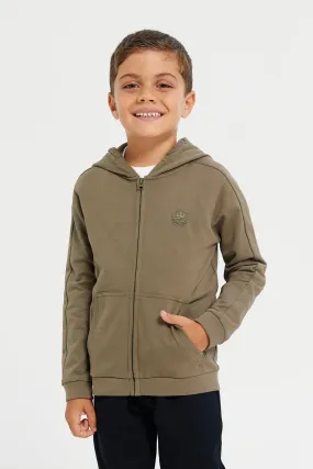 Boys Olive Zipper Front Hooded Sweatshirt