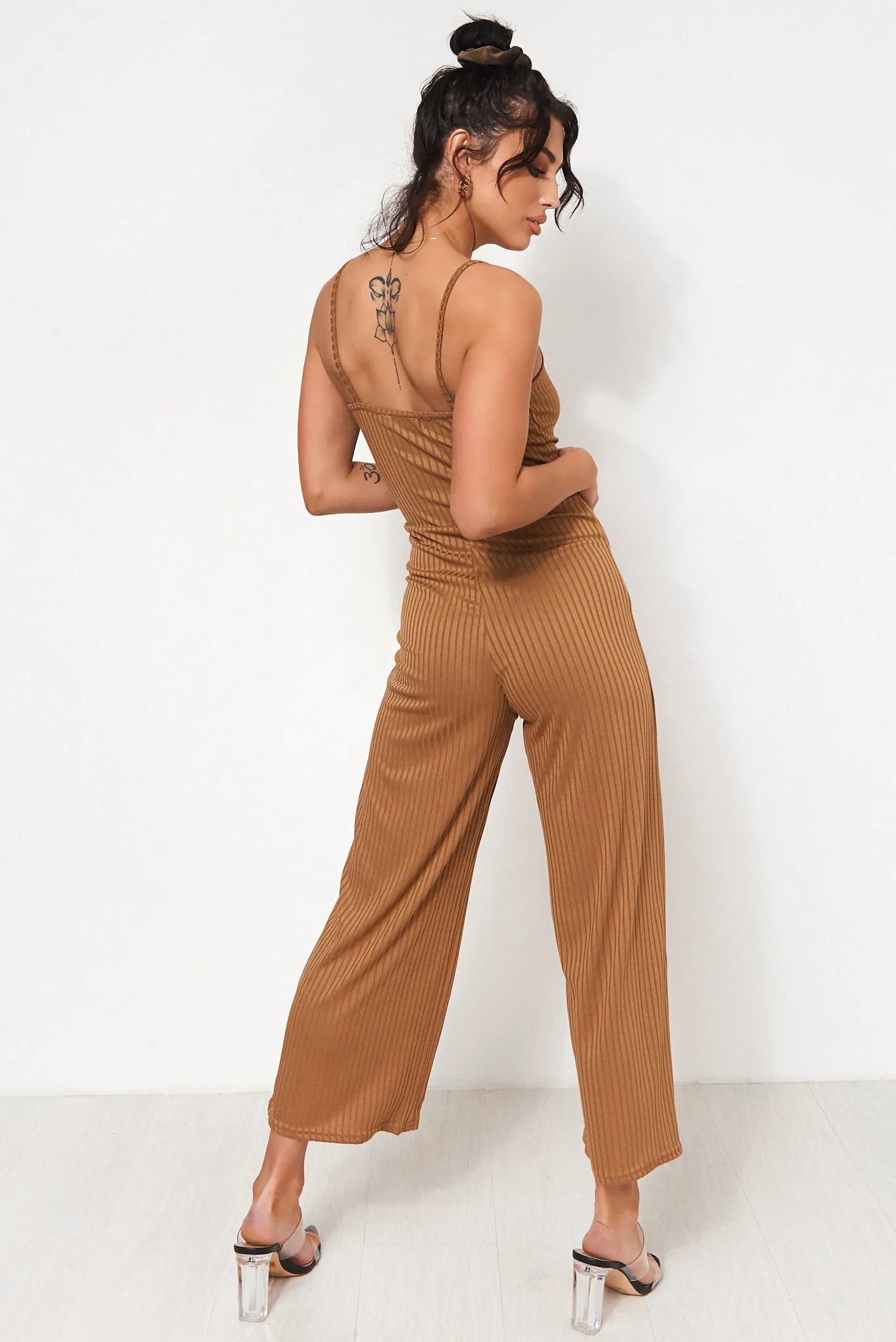 Brown Ribbed Wide Leg Jumpsuit