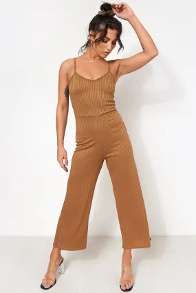 Brown Ribbed Wide Leg Jumpsuit