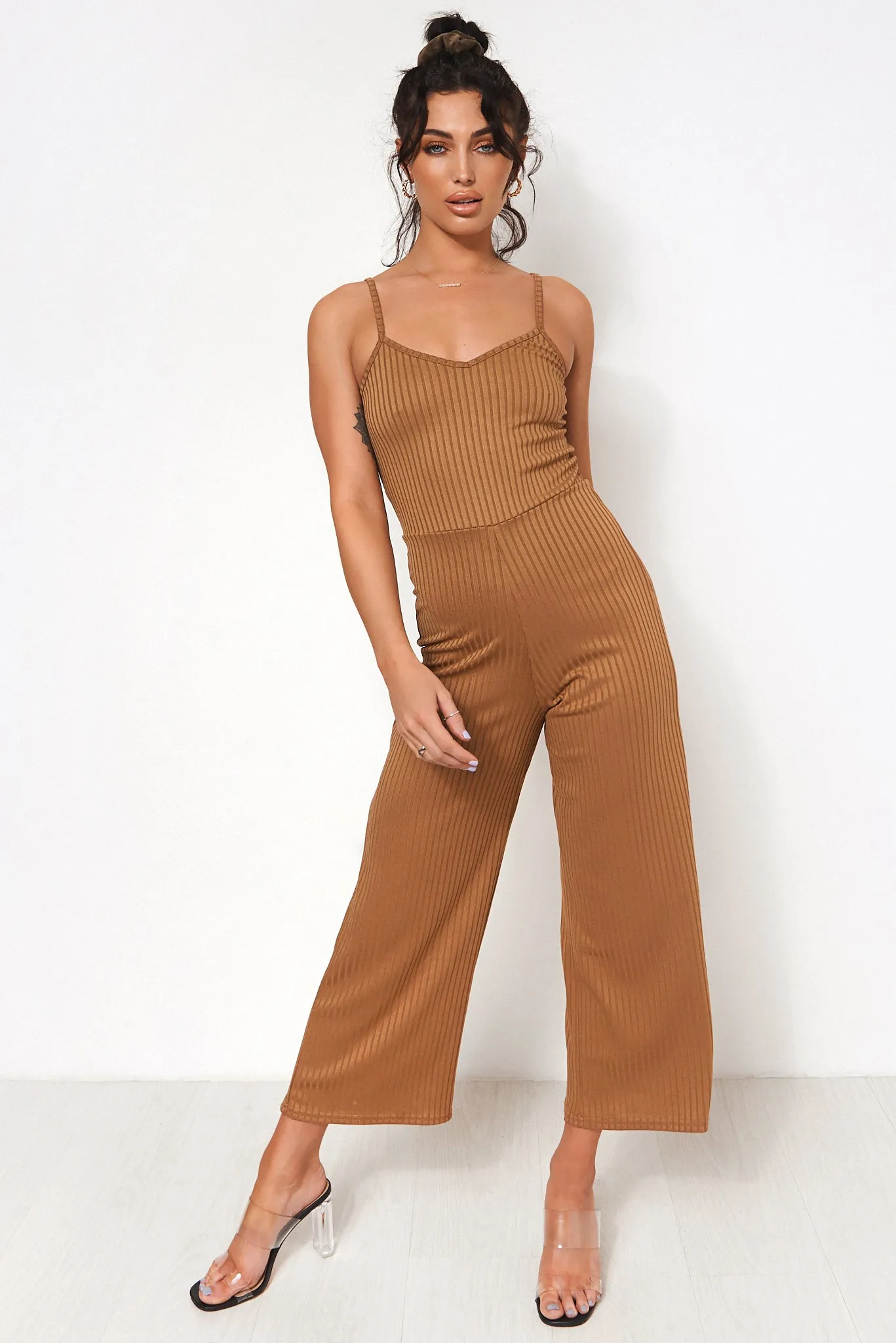 Brown Ribbed Wide Leg Jumpsuit