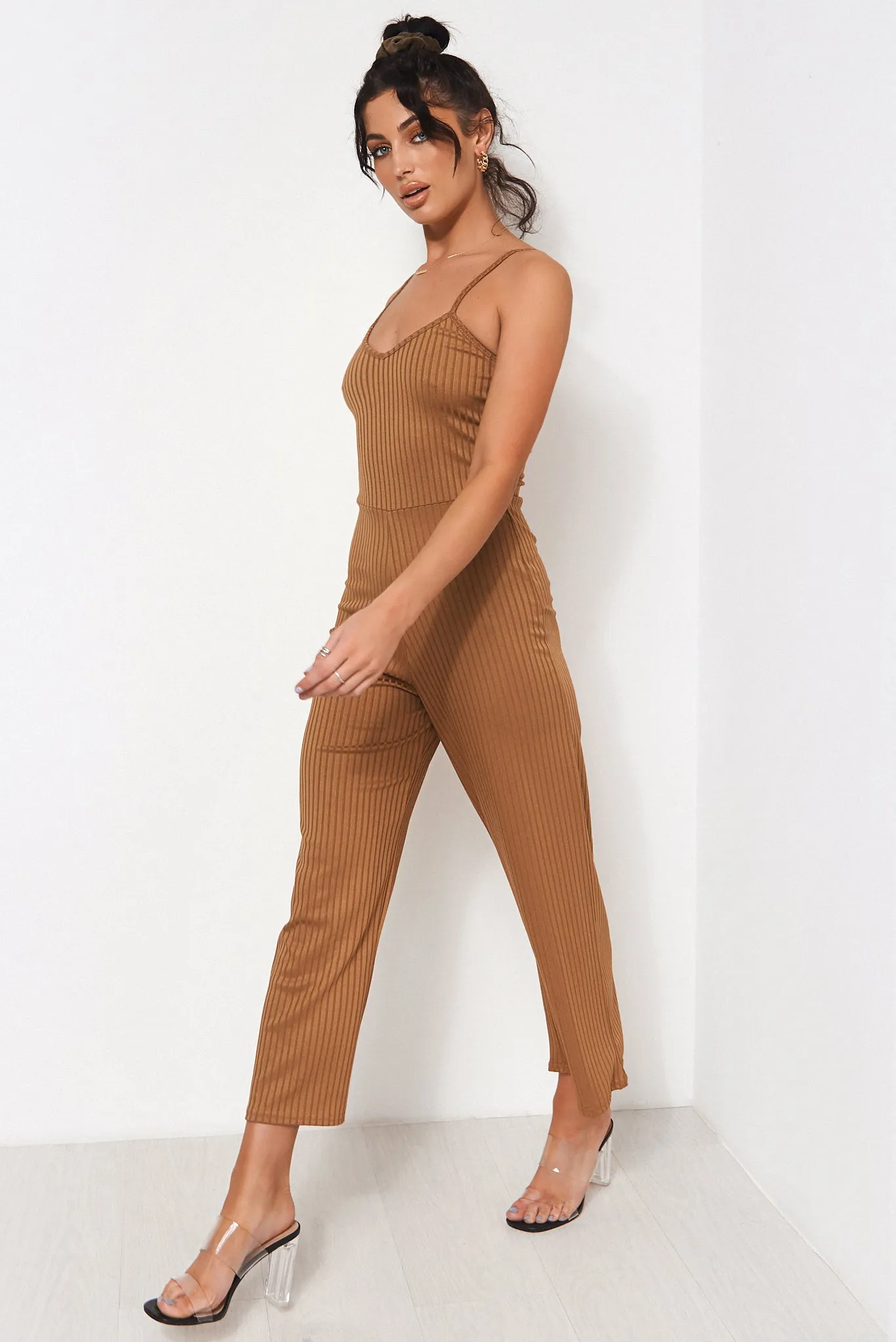 Brown Ribbed Wide Leg Jumpsuit