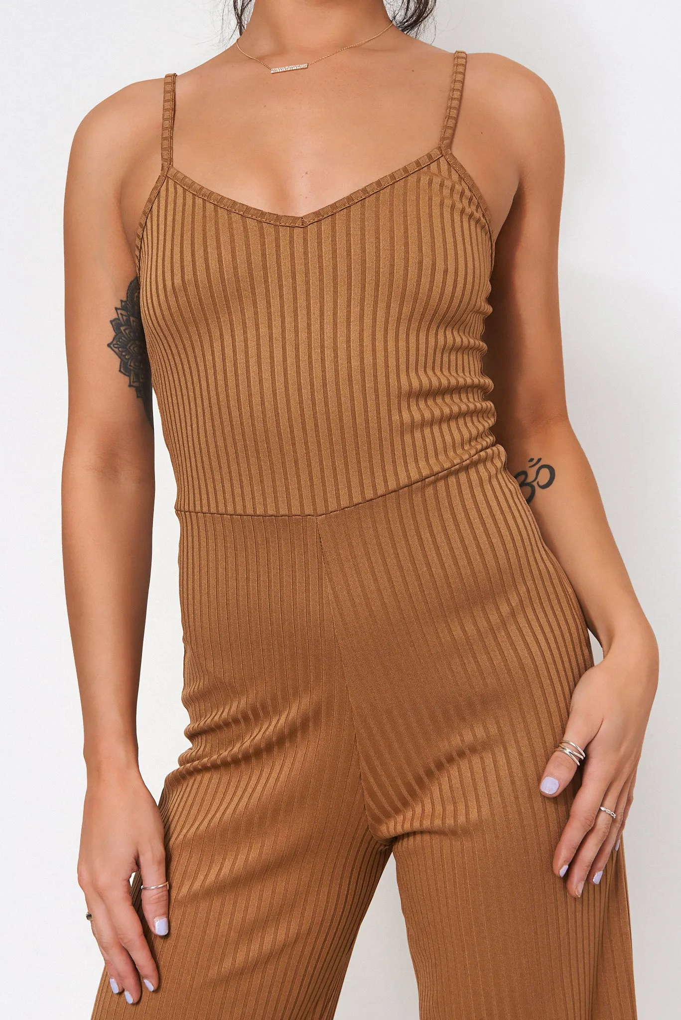 Brown Ribbed Wide Leg Jumpsuit