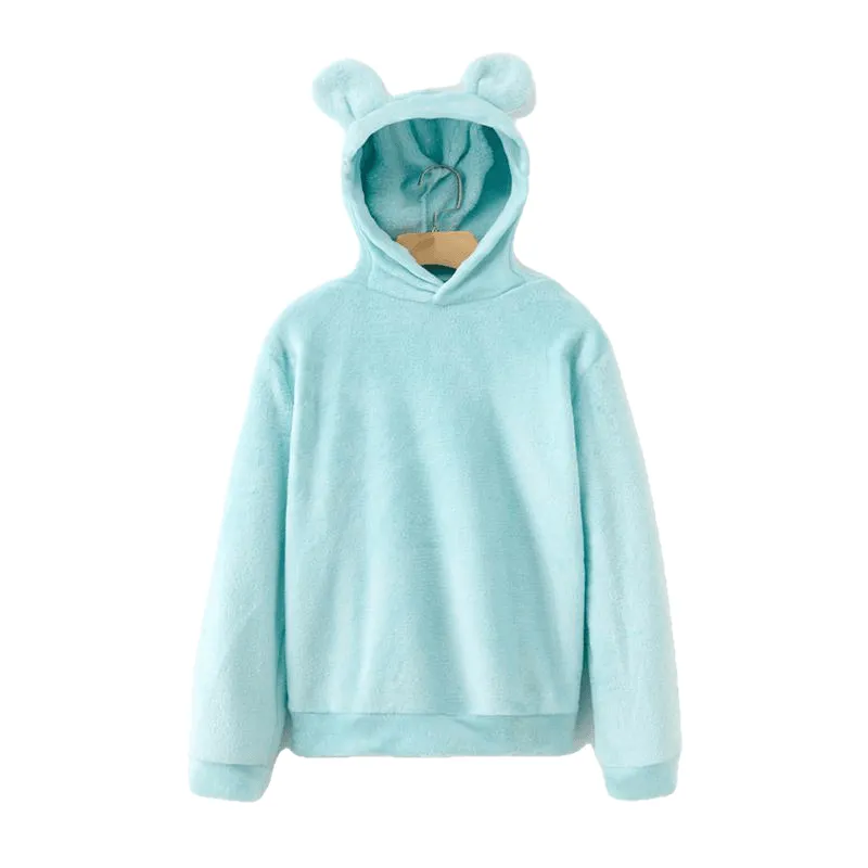 Casual Campus Pullovers Flannel Hoodies Sweatshirts Lovely With Bears Ears Solid Warm Autumn Winter Coat For Women'S