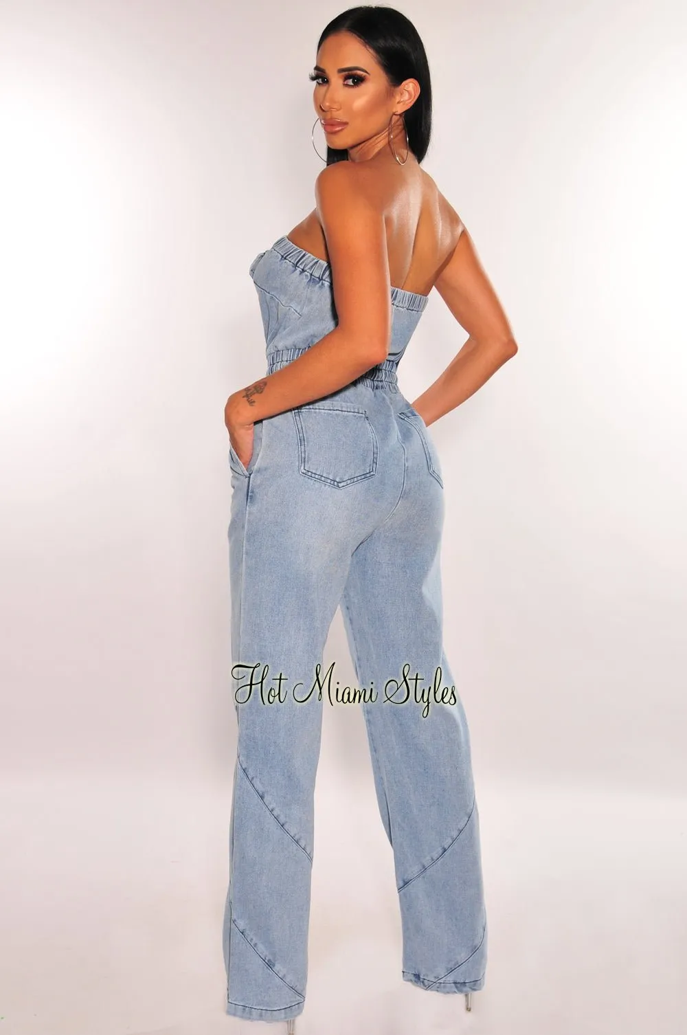 Denim Strapless Drawstring Wide Leg Jumpsuit