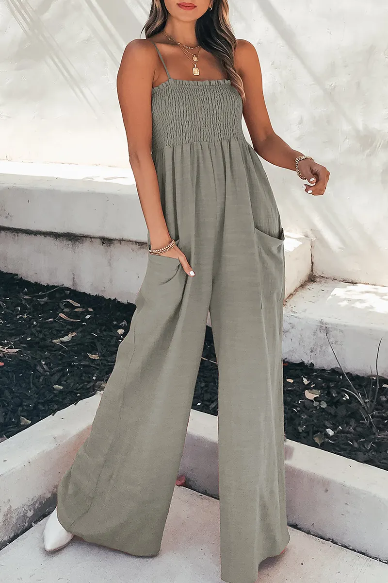 Fashion Living Solid Pocket Spaghetti Strap Loose Jumpsuits