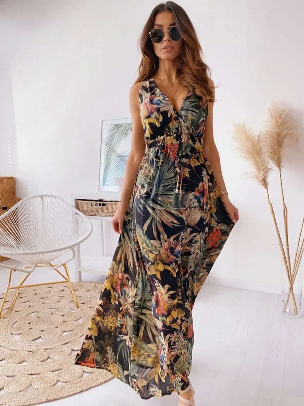 FashionSierra - 2024 Elegant Summer Holiday Deep V-Neck Boho Dress