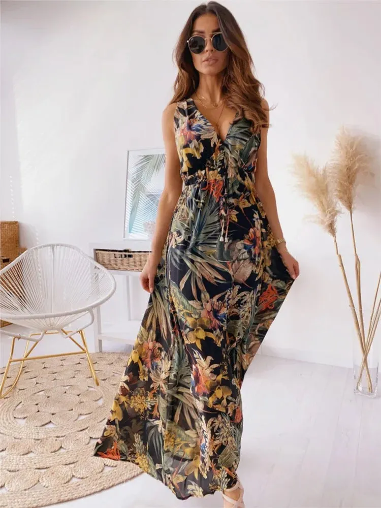 FashionSierra - 2024 Elegant Summer Holiday Deep V-Neck Boho Dress