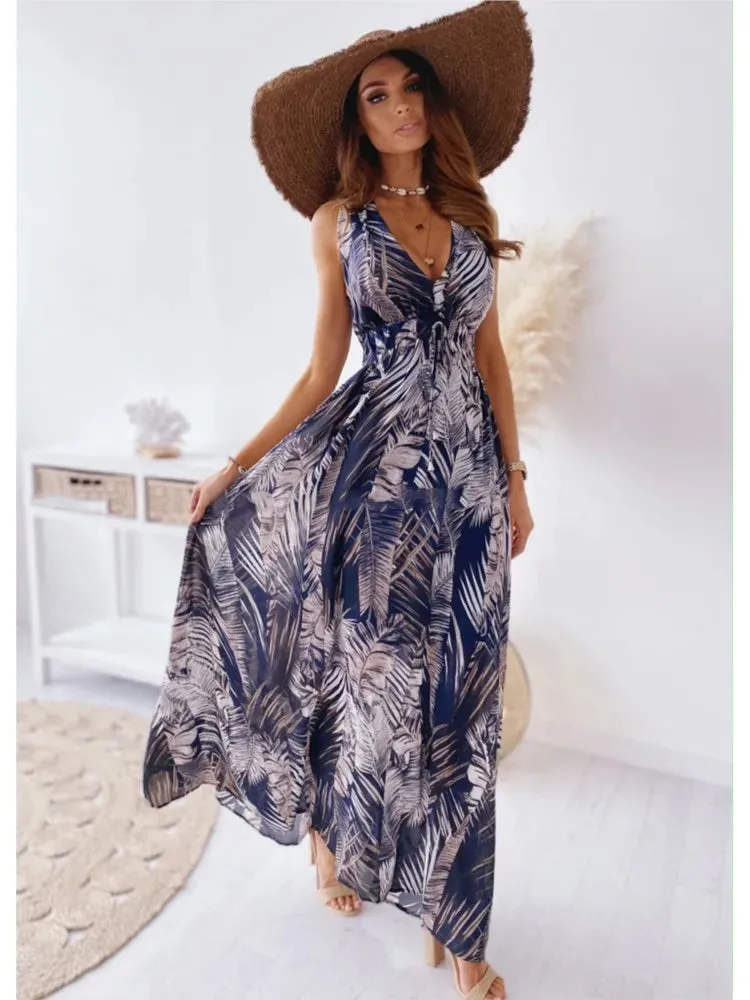 FashionSierra - 2024 Elegant Summer Holiday Deep V-Neck Boho Dress