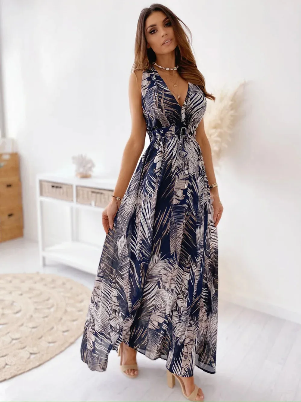 FashionSierra - 2024 Elegant Summer Holiday Deep V-Neck Boho Dress