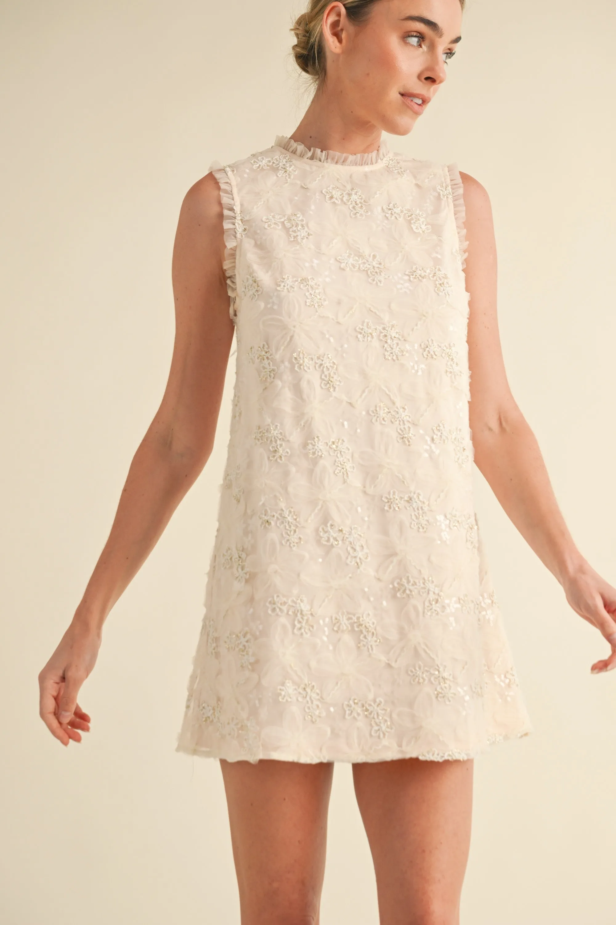 FLORAL APPLIQUE SHIFT MINI DRESS