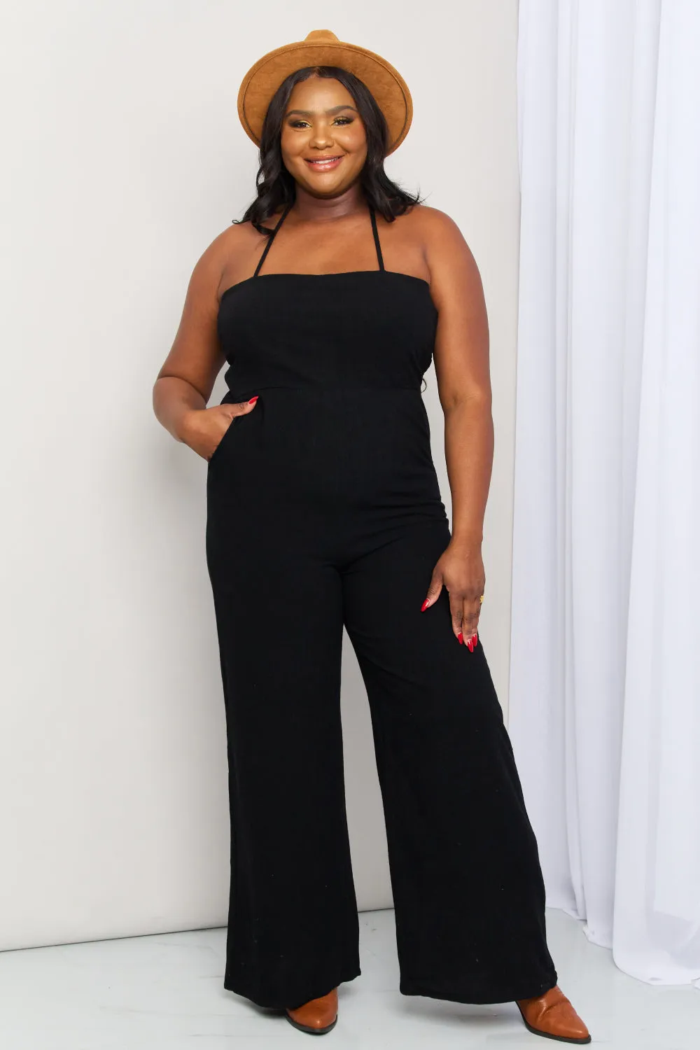 Halter Neck Wide Leg Jumpsuit with Pockets