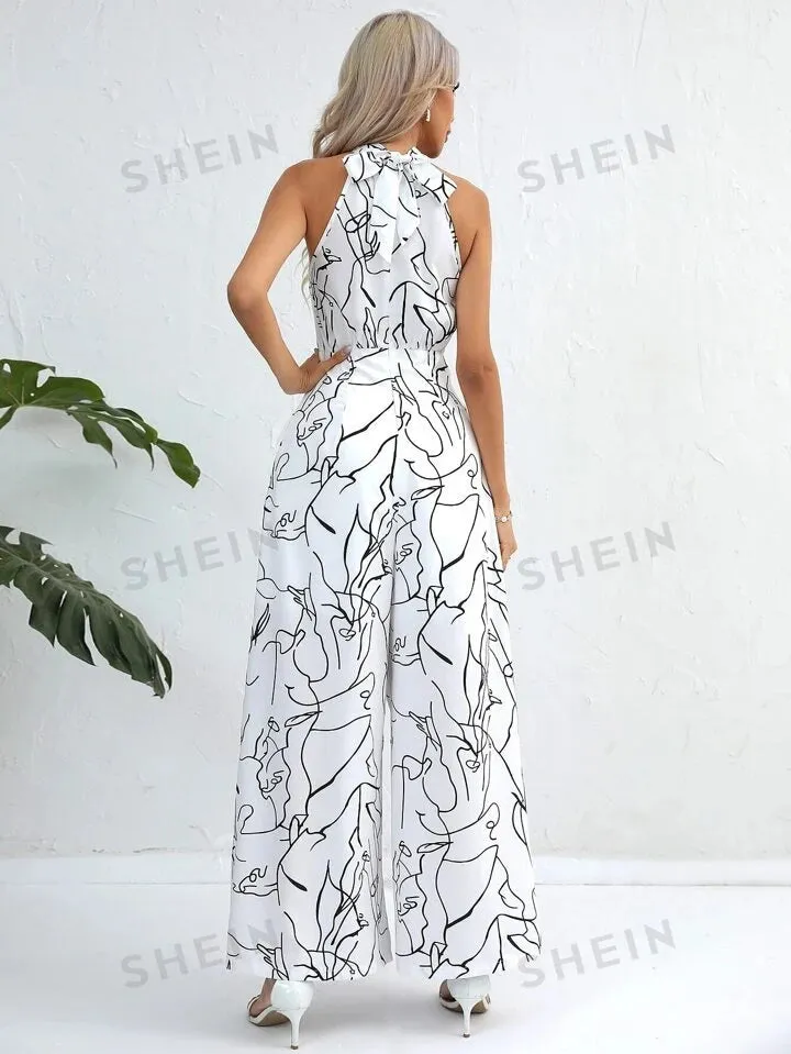 Halterneck printed jumpsuit in white