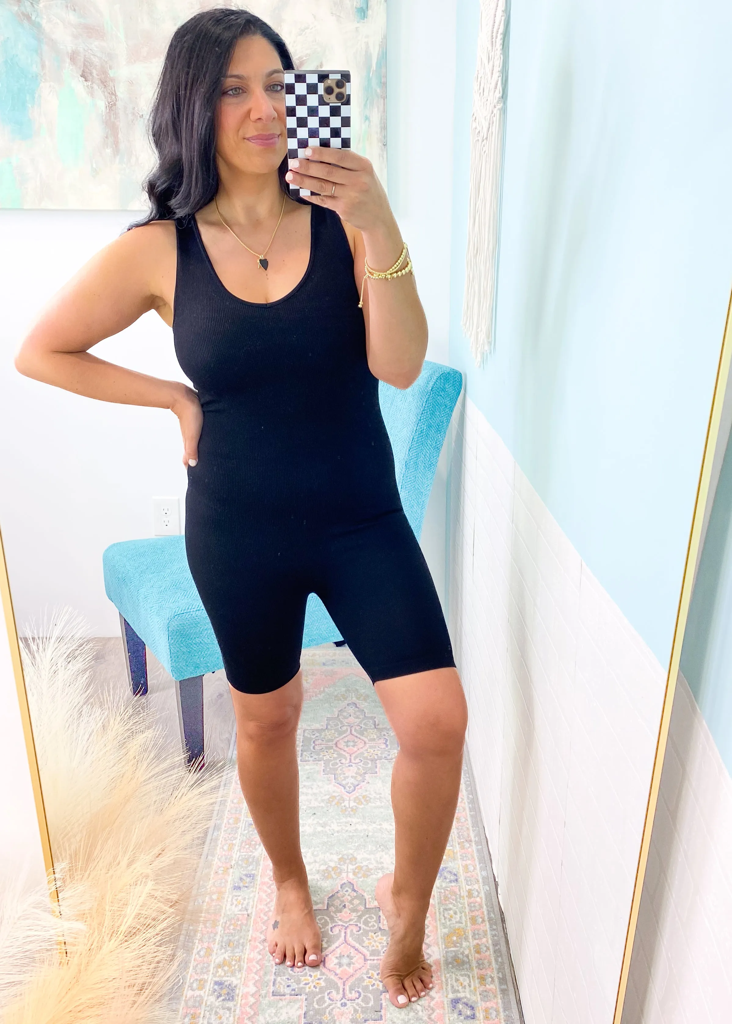 'Hey Kitten' Black Ribbed Short Catsuit Romper