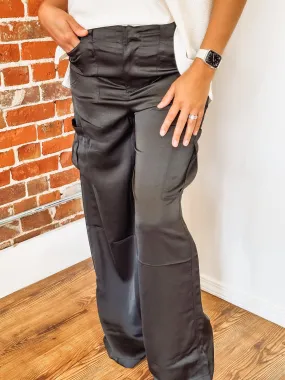 High Waist Pocket Cargo Satin Pant