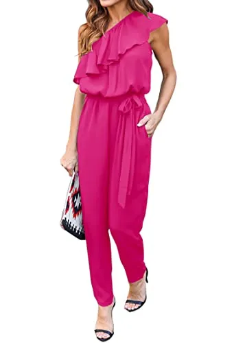 KIRUNDO Jumpsuits For Women Casual Summer 2023 One Shoulder Ruffle Elastic Waist Long Pants Jumpsuit Romper With Pockets(Rose Red, Large)