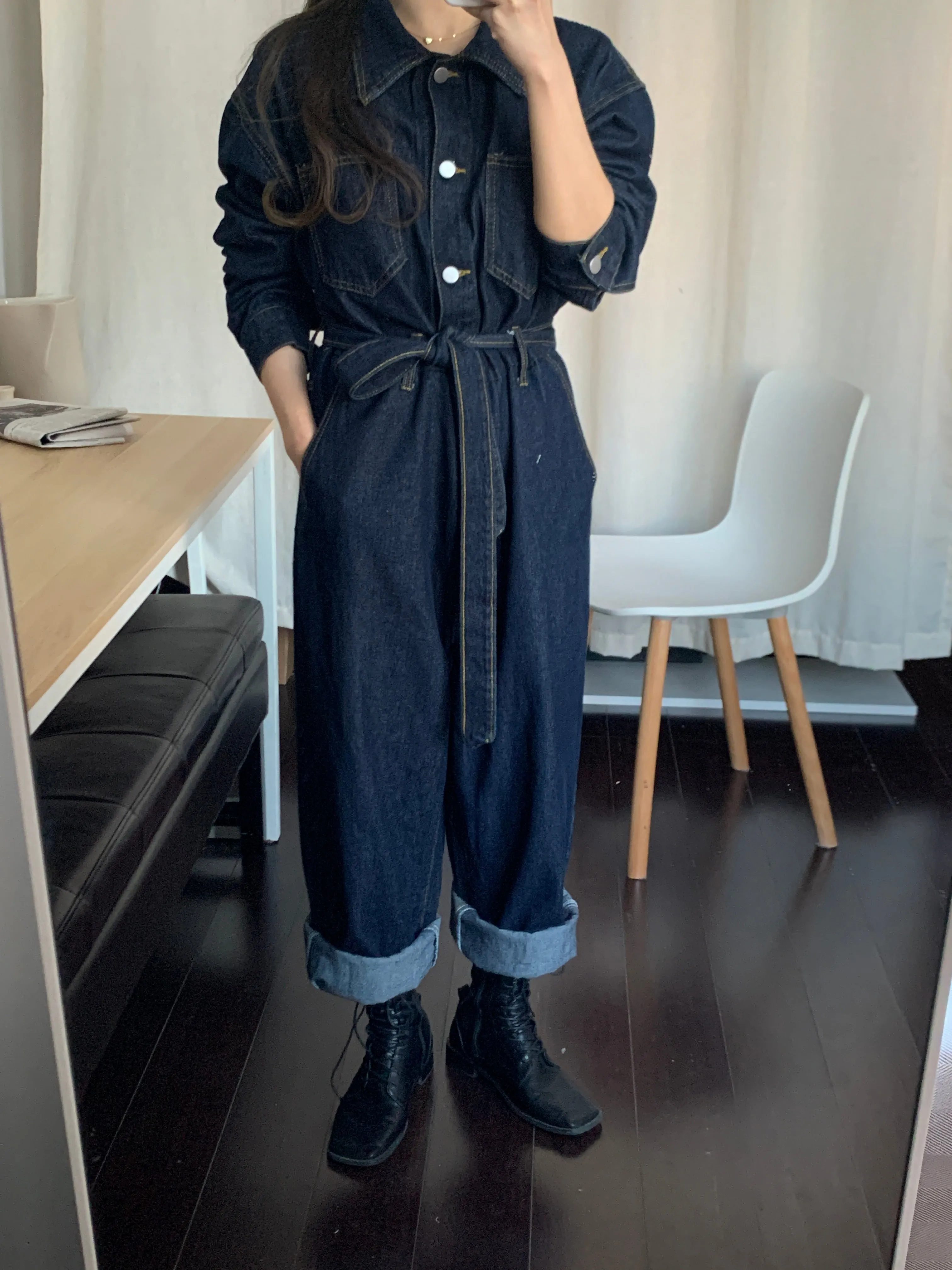 [Korean Style] Christine Denim Belted High Waist Romper Overall