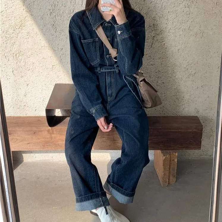 [Korean Style] Christine Denim Belted High Waist Romper Overall