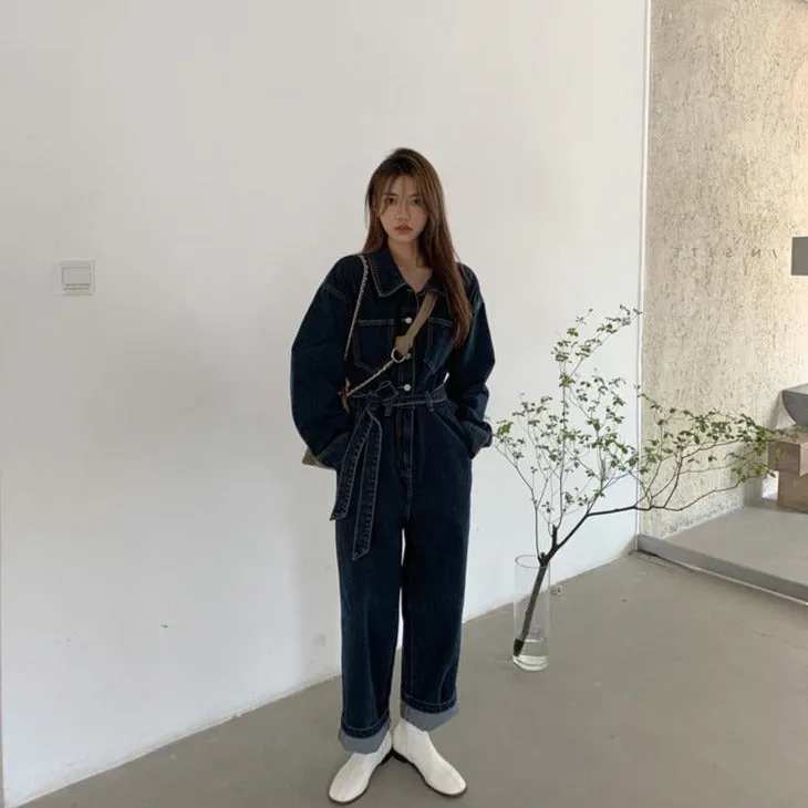 [Korean Style] Christine Denim Belted High Waist Romper Overall