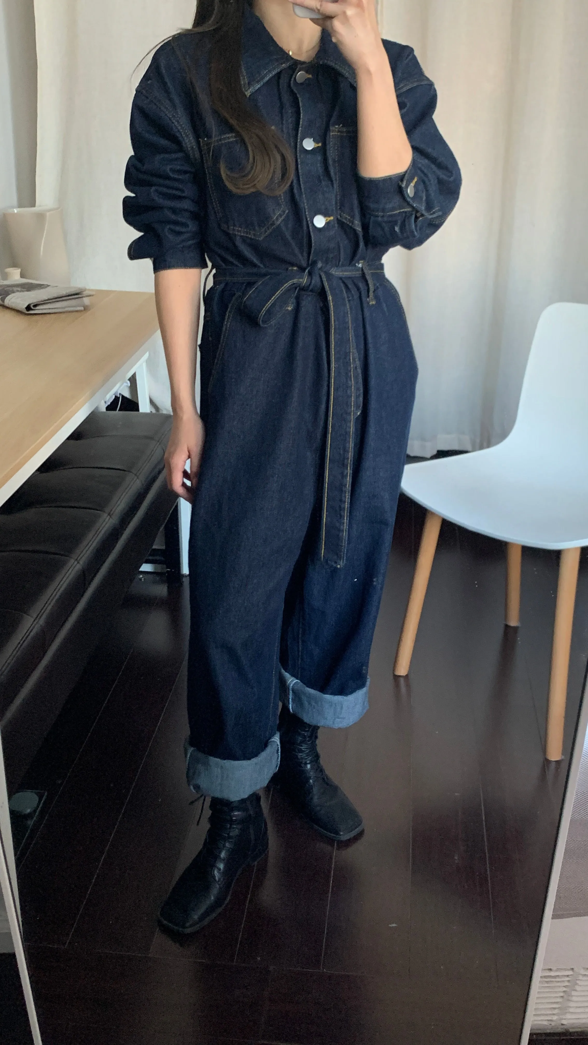 [Korean Style] Christine Denim Belted High Waist Romper Overall