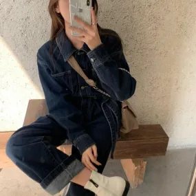 [Korean Style] Christine Denim Belted High Waist Romper Overall