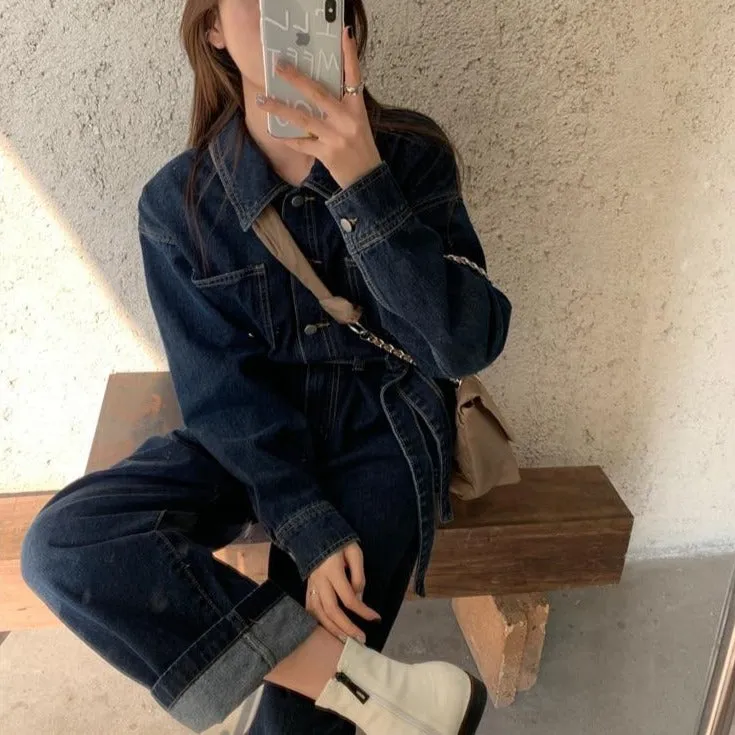 [Korean Style] Christine Denim Belted High Waist Romper Overall