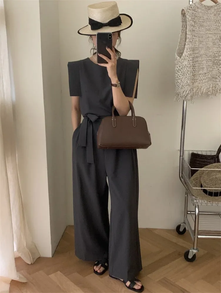 [Korean Style] Dark Grey Dress-up Belted Jumpsuit Romper