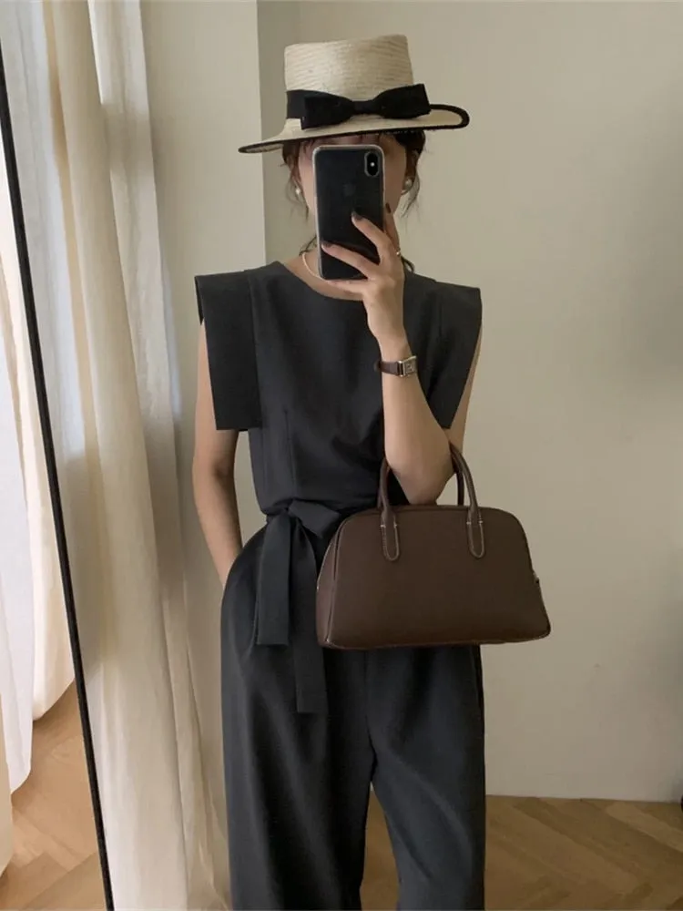 [Korean Style] Dark Grey Dress-up Belted Jumpsuit Romper