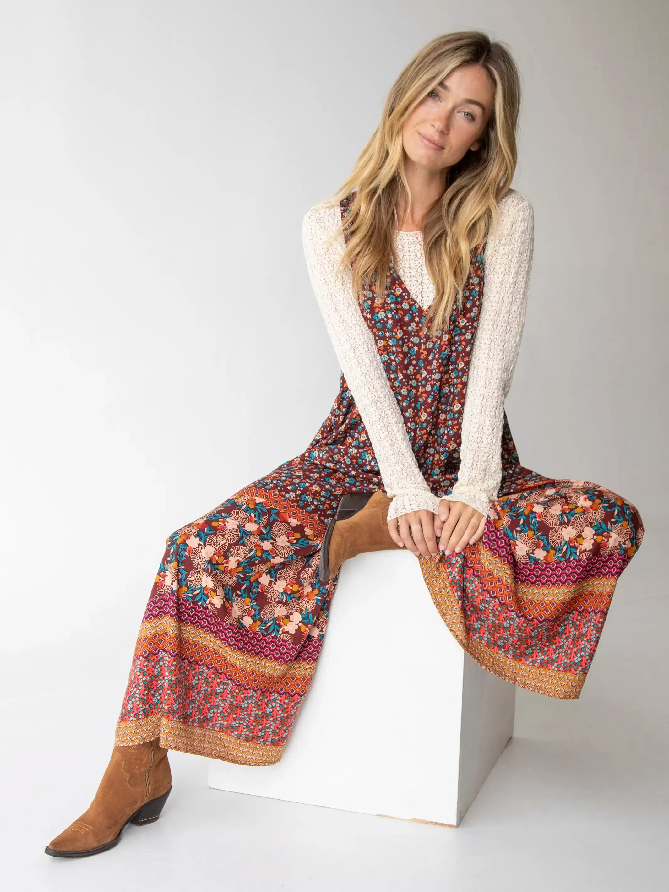 Let's Just Go Wide-Leg Jumpsuit - Tan Border Print