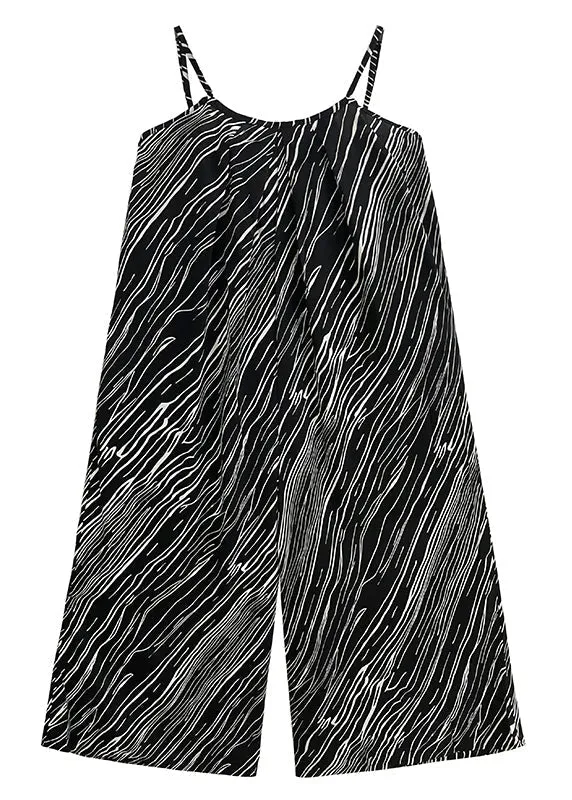 Loose Black Striped Patchwork Silk Cotton Wide Leg Jumpsuits Sleeveless LY9342